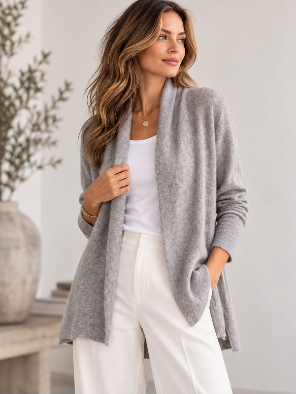 White + Warren 100% Cashmere Cardigan Gray XS Open Front Quiet Luxury